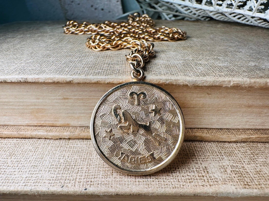 Vintage Aries Zodiac Necklace, Star Sign Astrology Necklace, Unique Birthday Necklace, 20" Long Gold Coin Aries Astrology Pendant Necklace