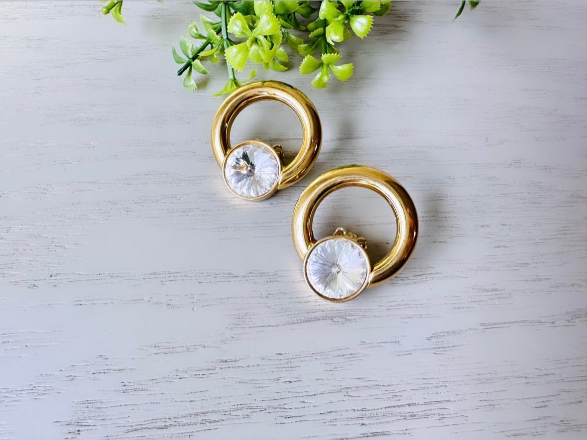 Bold 80s Door Knocker Earrings, Vintage Gold Hoop Earrings with Diamond Rhinestone Clip Earrings, Elegant 1980s Retro Fashion Earrings