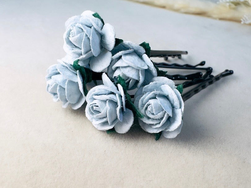 Ice Blue Flower Hair Pins, Handmade Mulberry Paper Rose Bridal Bobby Pins