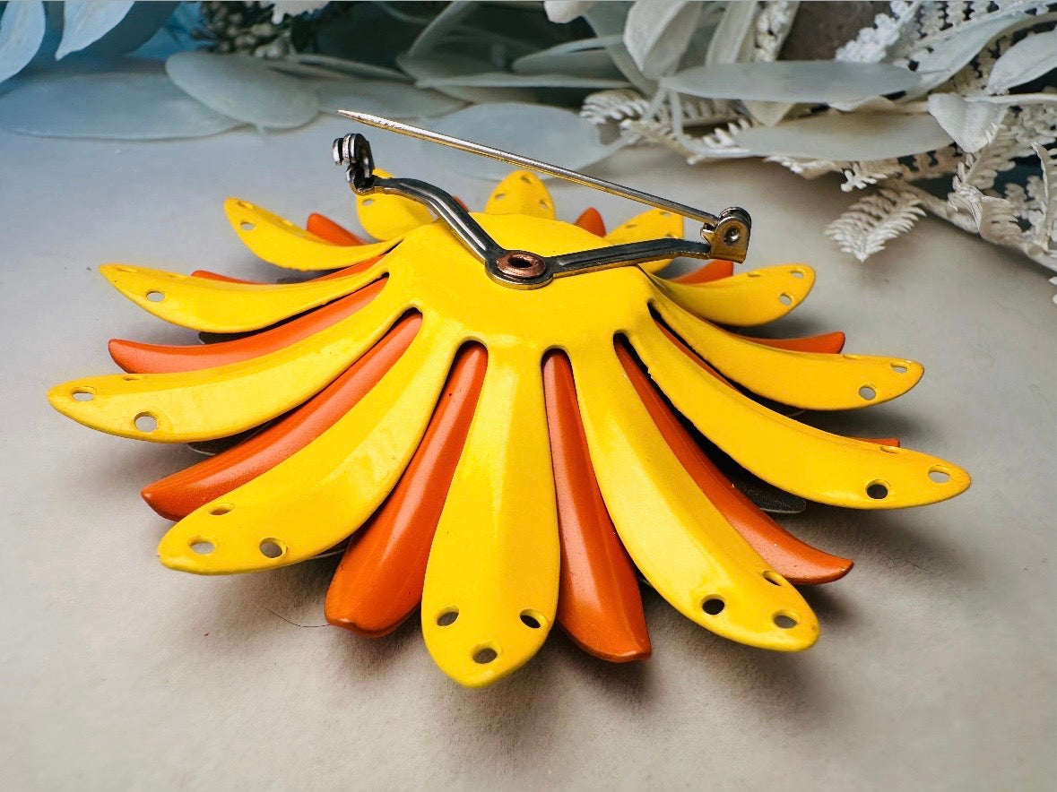 Huge Vintage Flower Brooch, Oversized 1960s Mod Flower Power Enamel Pin in Yellow Orange + Red, Colorful Floral Pin with Pearl Center