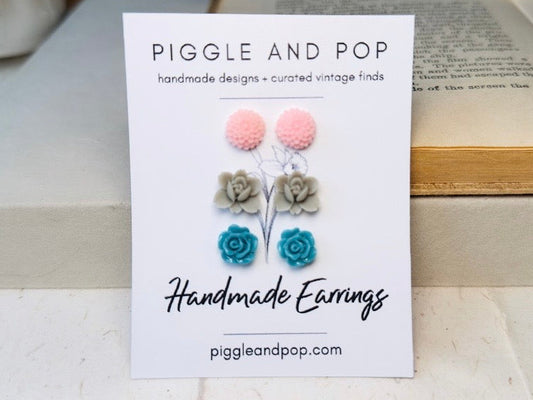 Flower Post Earrings Set in Pink Grey and Teal, Hypoallergenic for Sensitive Ears
