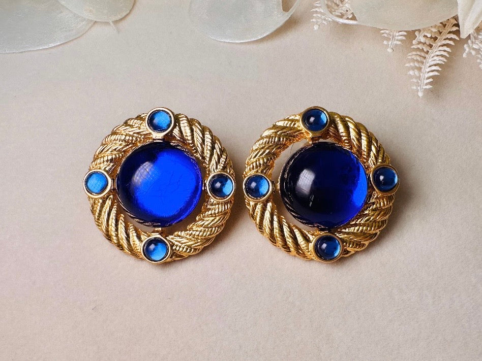 Cobalt Blue Gold Rope Earrings, Vintage Park Lane Earrings with Deep Blue Glowing Cabochons
