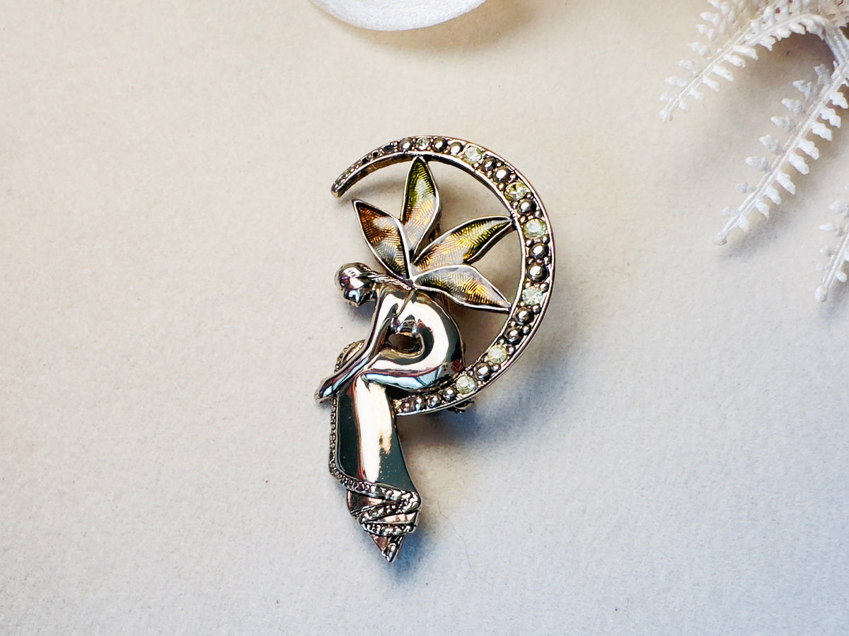 Vintage Liz Claiborne Enameled Fairy & Crescent Moon Brooch Pin