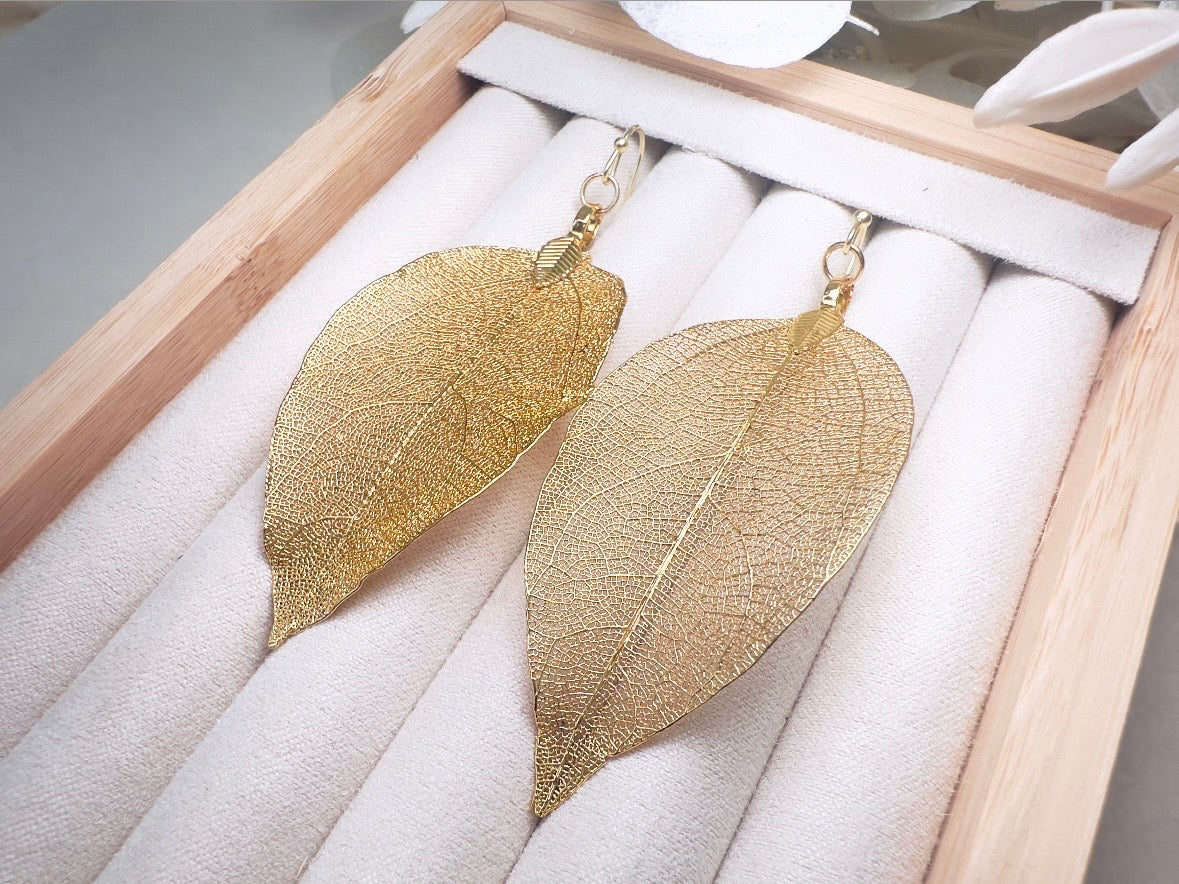 Gold Leaf Earrings, Handmade 14kt Gold Real Leaf Dangle Earrings
