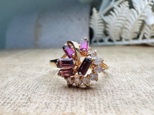 Vintage Cocktail Ring, Prong Set Plum Purple Baguette Stones in Wave with Clear Diamond Rhinestones, Gorgeous Gold Plated Cocktail Ring Sz 6