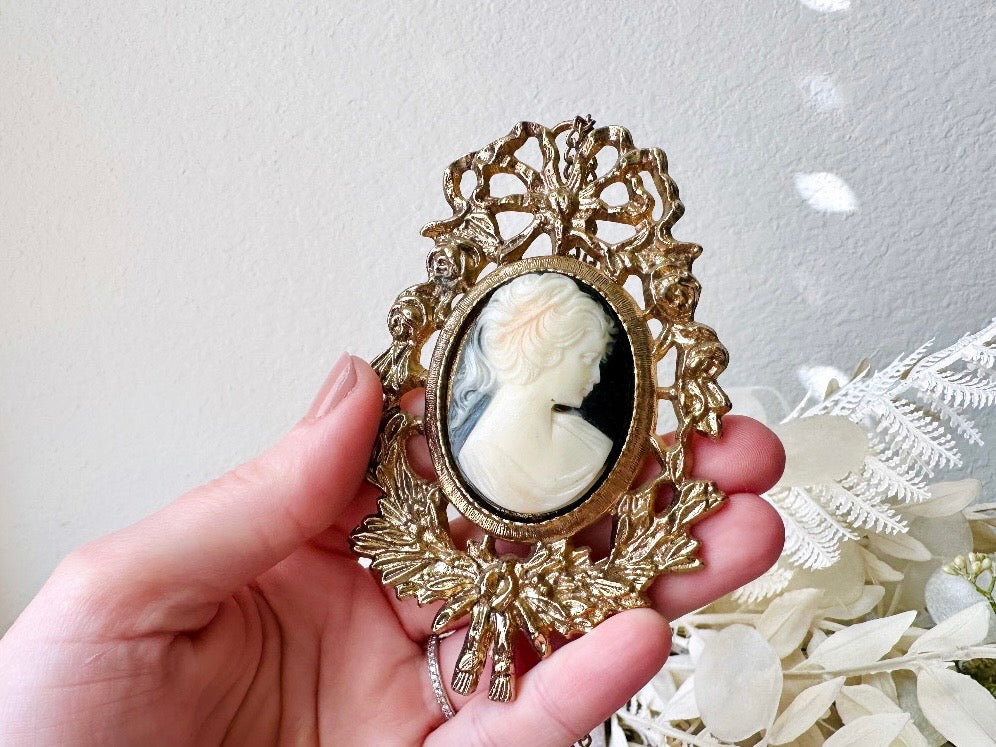 Victorian Cameo Necklace, Huge Antique Gold Pendant Necklace with Black and Cream Raised Cameo Statement Necklace, Victorian Revival Cameo