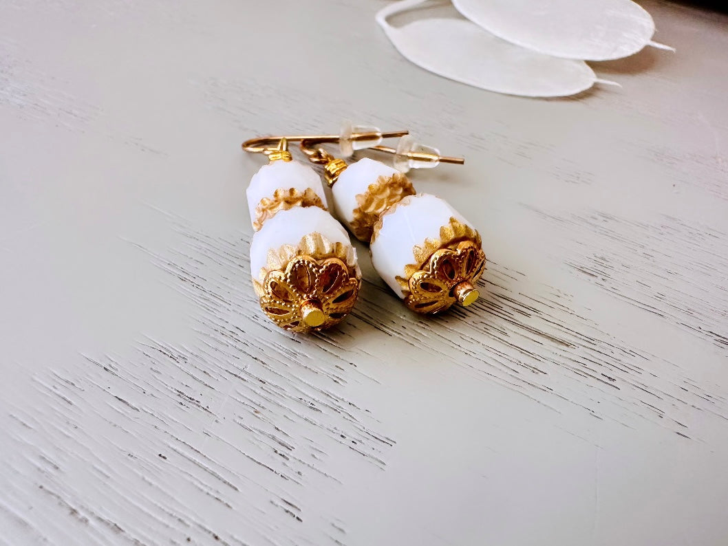White and Gold Earrings, Handmade Cathedral Cut Opaque Czech Glass Beads Metallic Gold Grecian Detailing, Romantic Classic Wedding Earrings