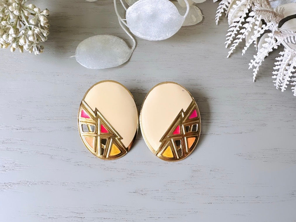 Big Vintage Earrings, 1980s Cream Pink Yellow Gold Oversized Oval Triangle Geometric Berebi 80s Designer Enamel Lace Cut Out Earrings