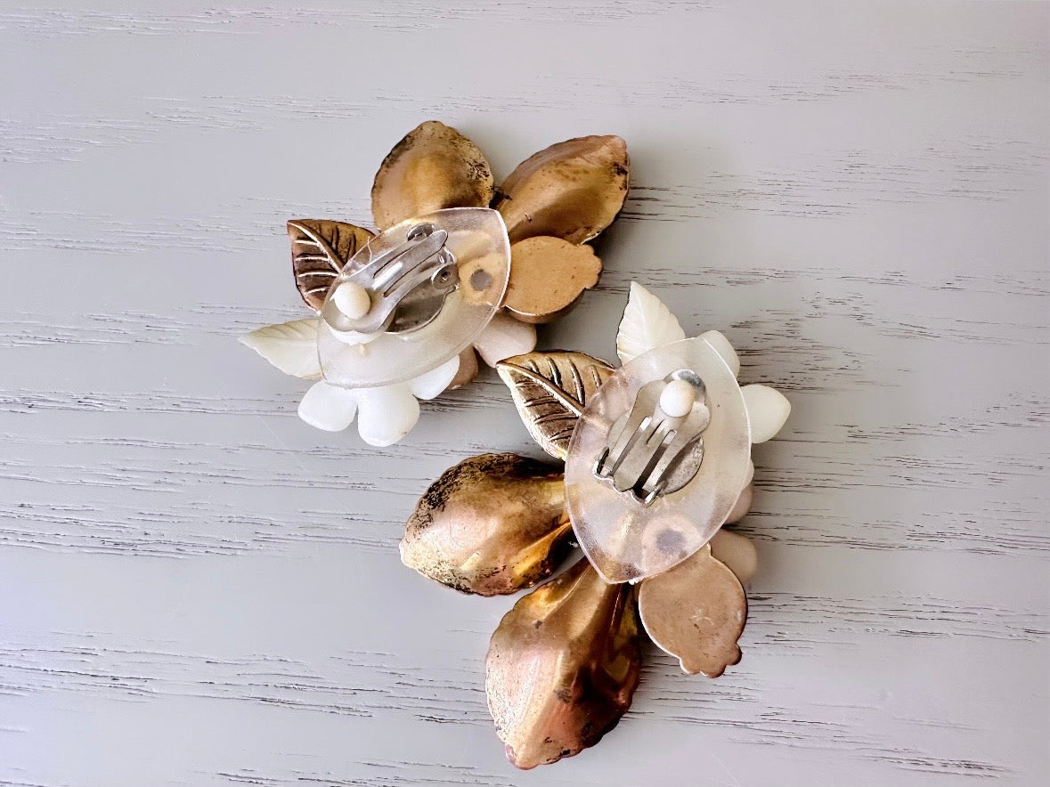 Extraordinary Vintage 1960's Pearl Flower Earrings, Huge Gold Bronze Pearl Leaf Climber Clip On Earrings, Big Floral Statement Earrings