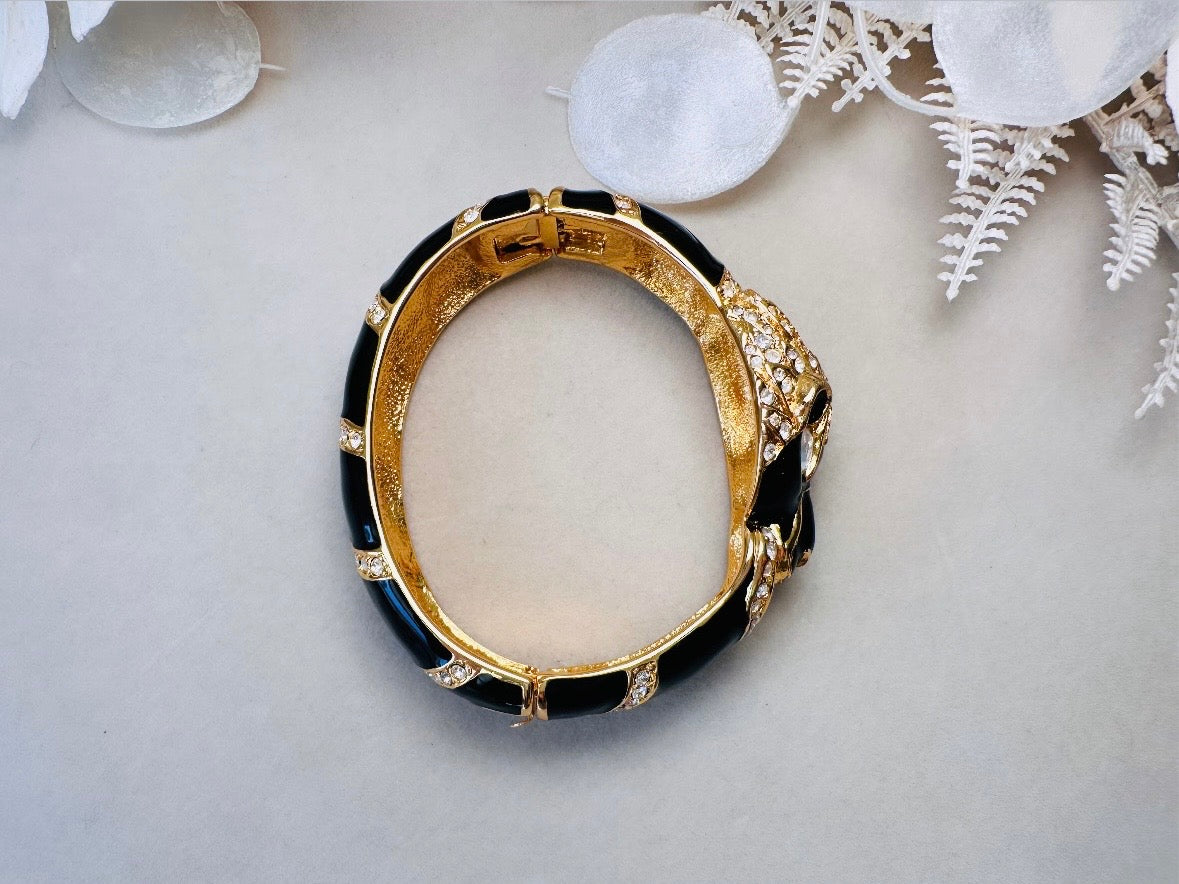 Vintage Giorgio Black Panther Bracelet, Black Enamel Pave Rhinestone and Gold Signed 80s Designer Cuff