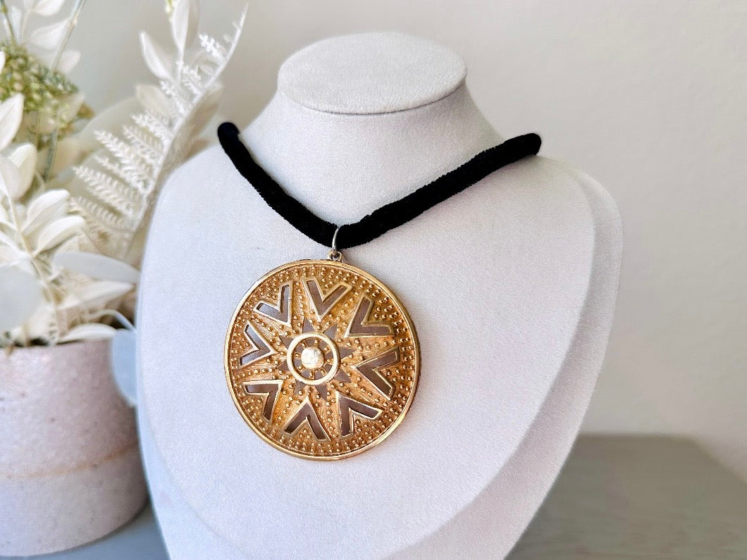 Black Velvet Choker Necklace with Gold Sunburst Pendant, Dramatic 1960's Choker with Lisner Huge Gold Medallion, Soft Velvet Rope Necklace