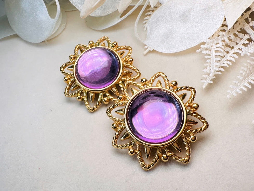 Purple Trifari Jelly Belly Sun Earrings, Rare Moonglow Violet Domed Glass Earrings