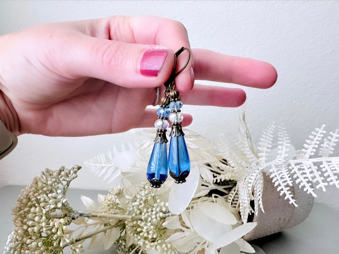 Sapphire Teardrop Earrings, Light Blue Earrings, Downton Abbey Insired Jewelry, Beaded Victorian Earrings, Beautiful Handmade Earrings