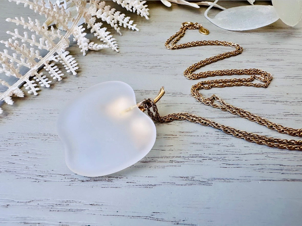 Vintage Apple Necklace, Avon Frosted Glass Pendant Necklace, 1978 Apple Pendant, Whimsical Enchanted Woodland 26" Long Chain Necklace