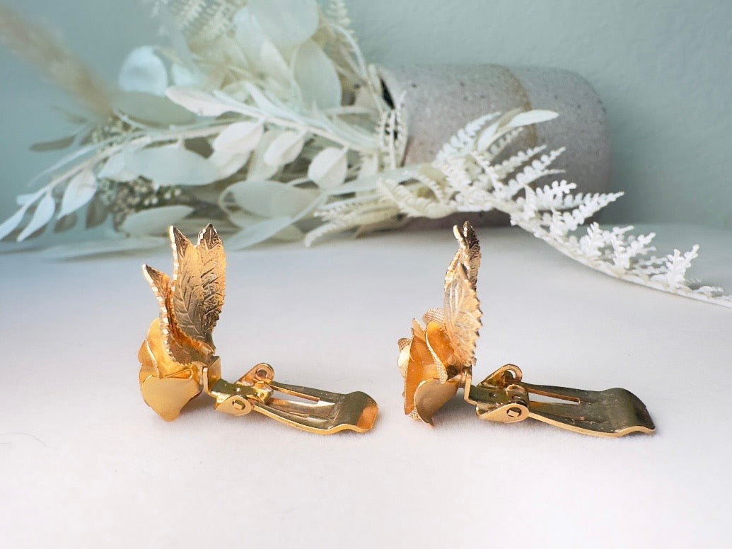 Gold Rose Earrings, Vintage 1960s Clip On Earrings, Sculptutal Gold Leaf Bridal Mesh Rose MCM 60's Clip Earrings, Designer Signed Judy Lee