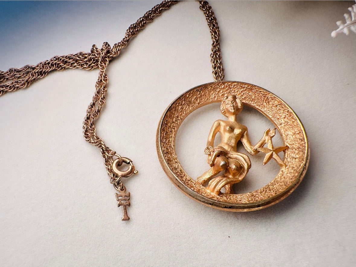 RARE Vintage Virgo Zodiac Necklace, Signed Trifari Star Sign Astrology Necklace September Birthday Gift Necklace, Long Gold Pendant Necklace