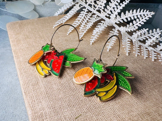 Berebi Fruit Earrings, Vintage Pineapple Watermelon Banana Earrings, Fun Fruit Salad Earrings, Pierced Enamel Hoop Earrings, Colorful Retro Kitsch Earrings