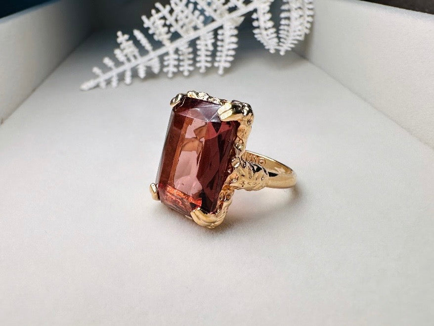 Vintage Cocktail Ring, 1973 Twilight Faux Amethyst Emerald Cut Ring