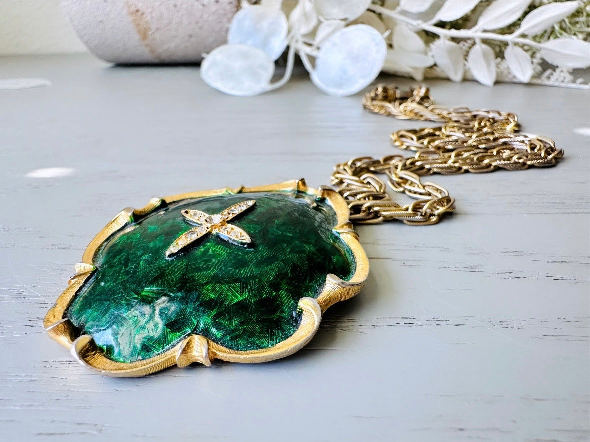 Vintage Green Pendant Necklace, Rare Vintage Marvella Necklace, Green and Gold Long Chain Necklace for Layering, Ornate Rhinestone Detail