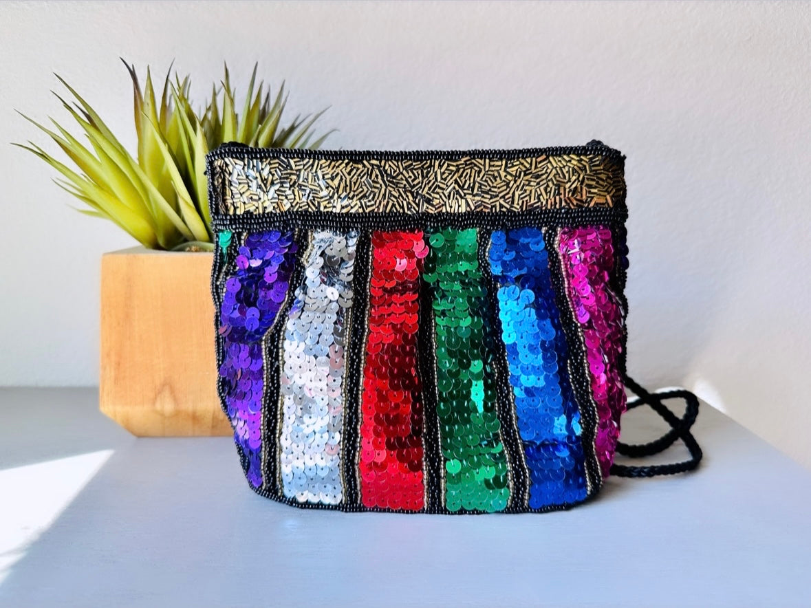 Rainbow Sequin Purse, Incredible 1980s Vintage Multicolor Sequin Beaded Handbag, Pink, Purple, Blue, Green, Gold, Silver. 80s Rainbow Clutch