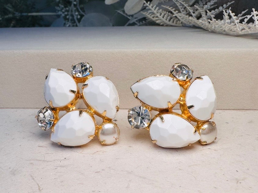 Vintage White Earrings, Pearl and Rhinestone Gold Clip On Cluster Earrings, 1960s Designer Vintage Kenneth Jay Lane Statement Earrings