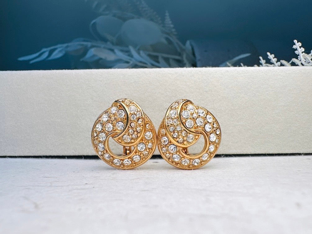 Vintage Monet Gold Knot Earrings with Diamond Rhinestones, Elegant Cocktail Clip On Earrings