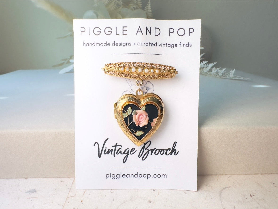 Vintage Heart Locket Brooch, Victorian Pearl Bar Pin Romantic Regency Era Embossed Gold Heart Pin with Black Heart and Pink Ceramic Rose