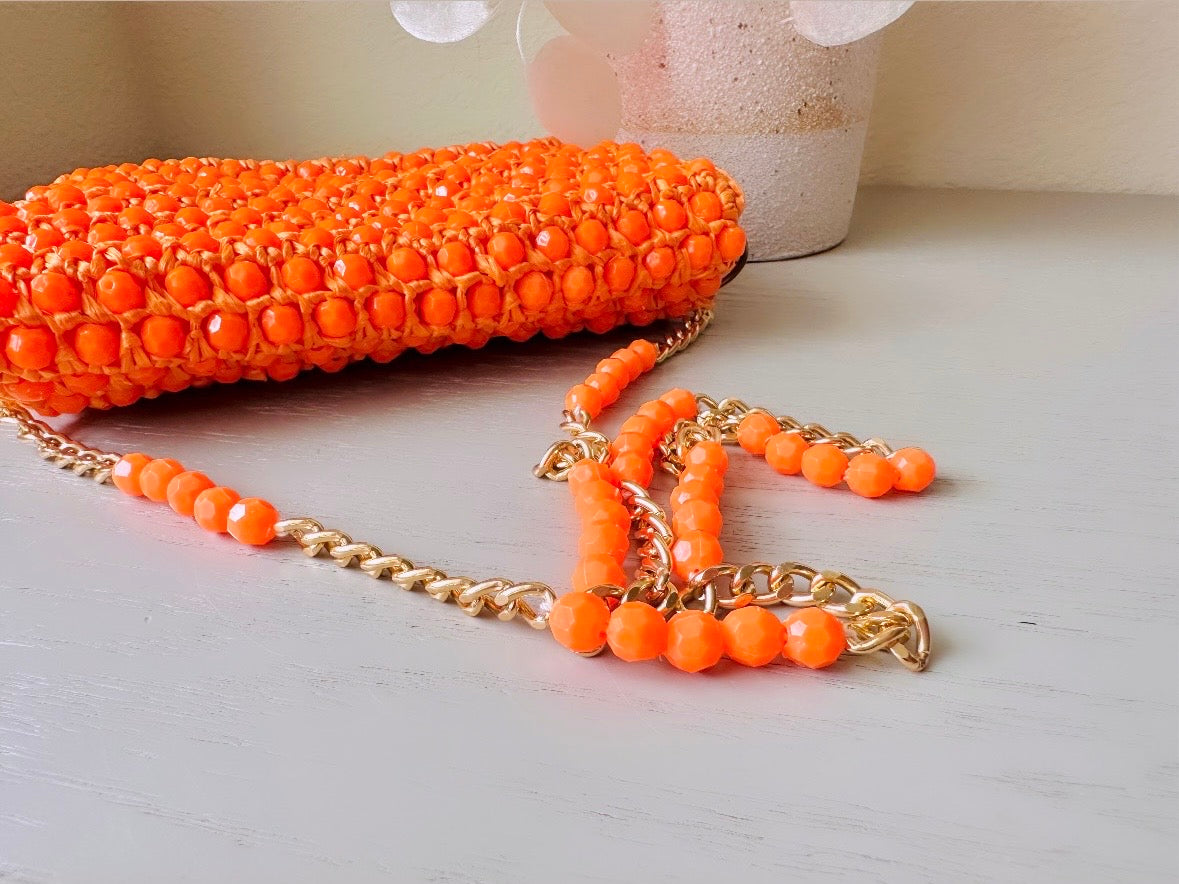 Vintage Orange Handbag, 1960s Beaded Raffia Crossbody Bag in Juicy Orange, Kiss Lock Clutch with Faceted Beaded Chain Strap, Retro 60s Mod