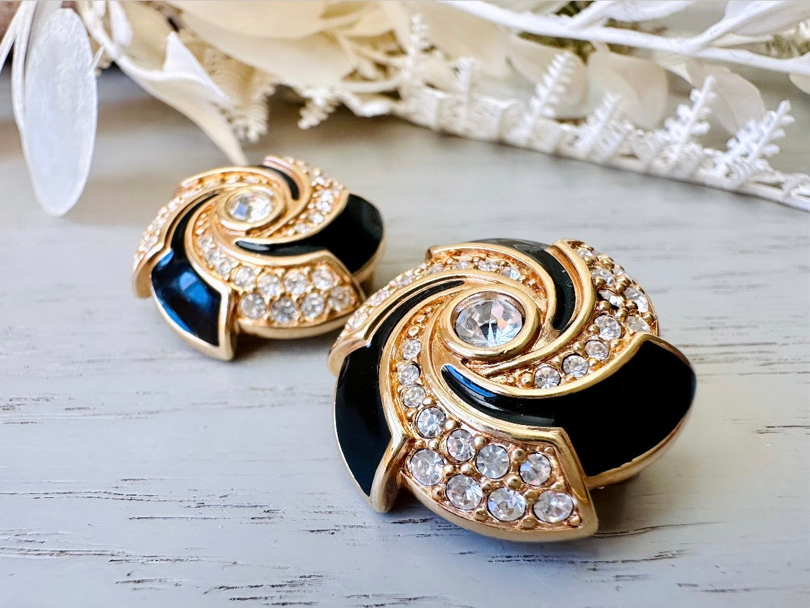 Black Rhinestone Spiral Earrings, Vintage Gold Earrings Black Enamel & Channel Set Diamond Rhinestones, Clip On Earrings for Nonpierced Ears