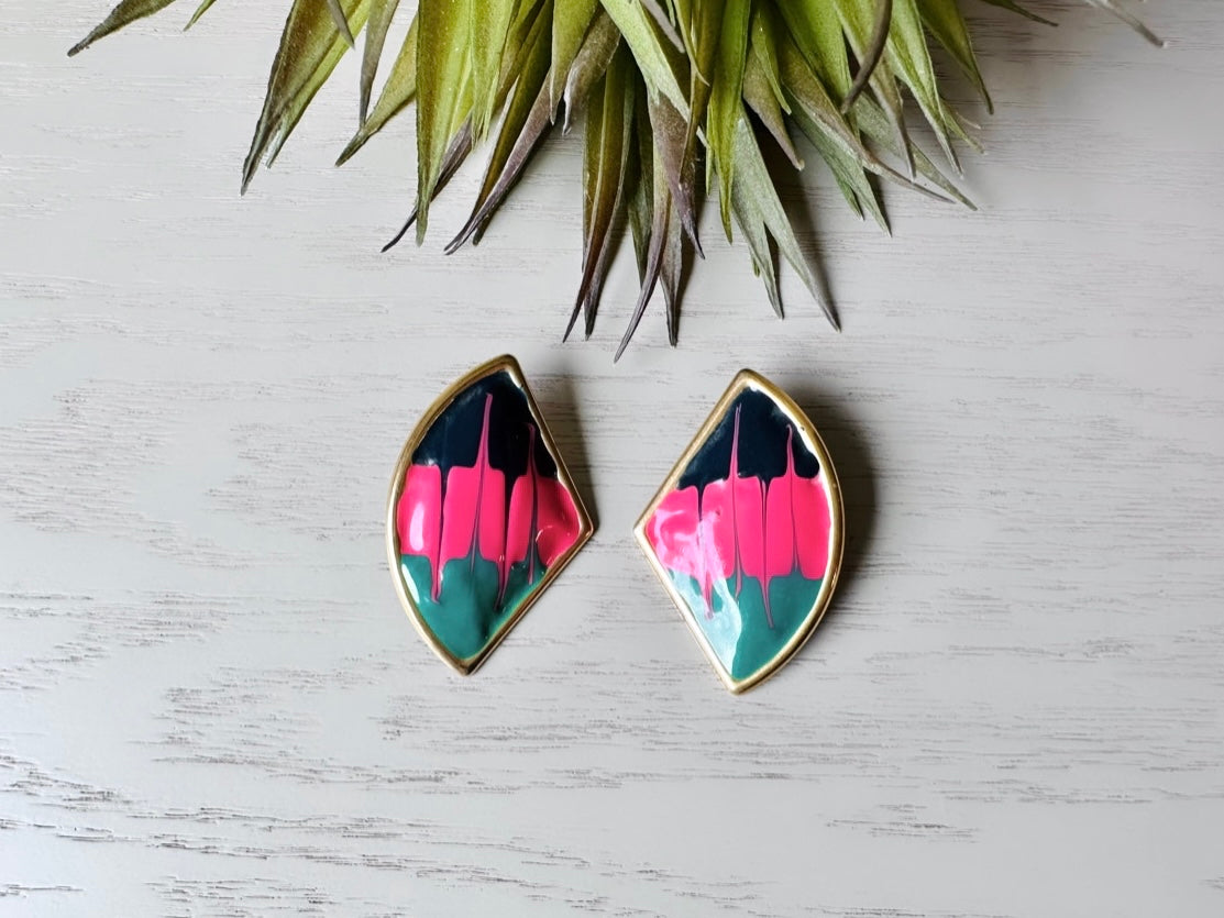 1980s Painted Abstract Earrings, Pink Teal Black and Gold Unique Colorful Paint Splatter Earrings, 80s Drip Enamel Pierced Statement Earring