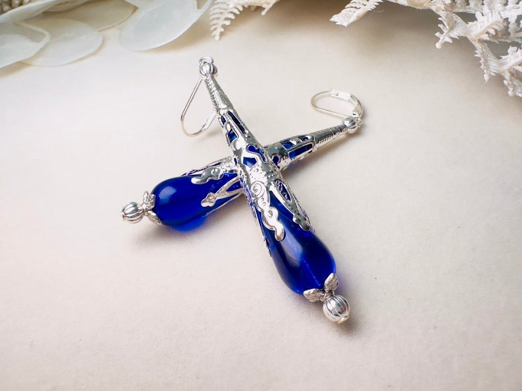 Blue Teardrop Earrings, Long Handmade Cobalt Blue Czech Glass Beaded Drop Earrings with Victorian Silver Filigree Cones