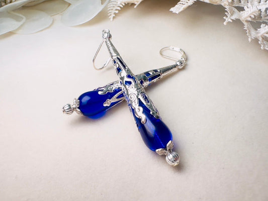 Blue Teardrop Earrings, Long Handmade Cobalt Blue Czech Glass Beaded Drop Earrings with Victorian Silver Filigree Cones