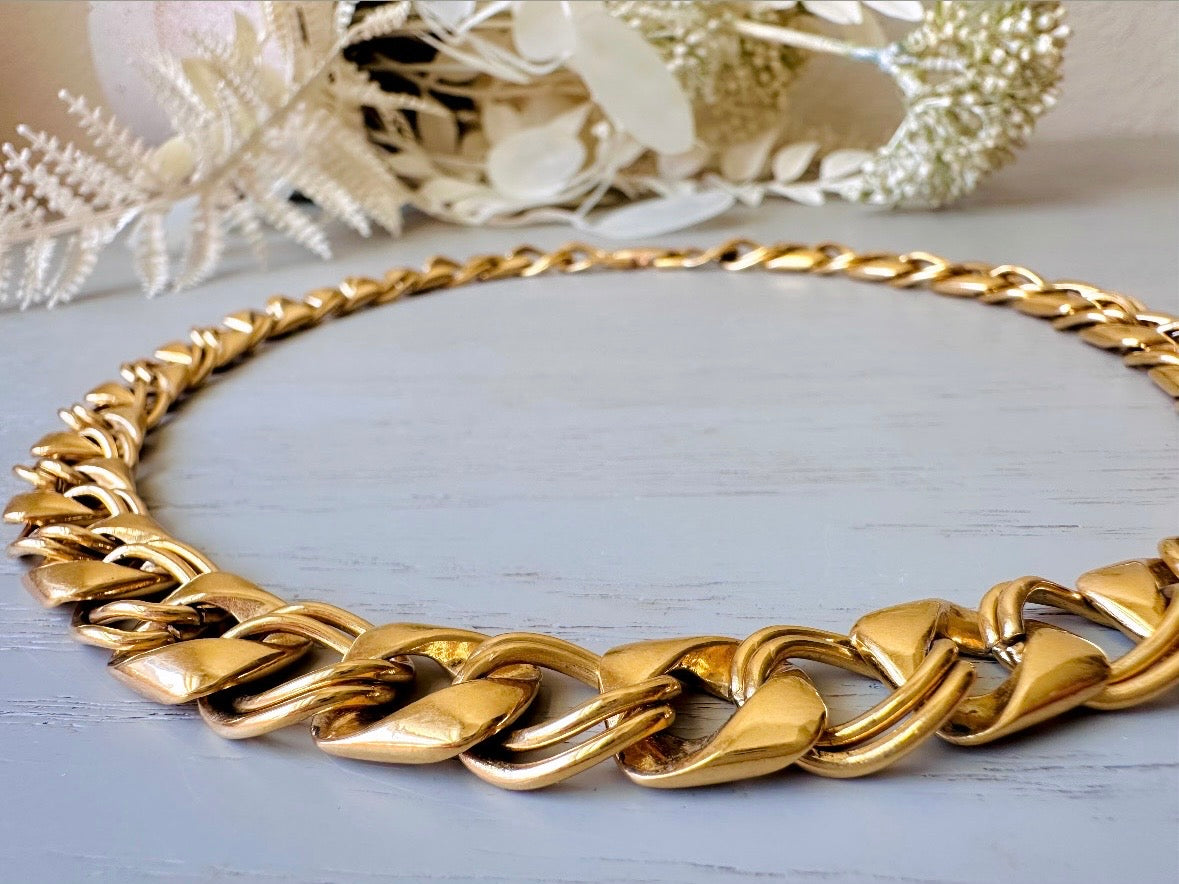 Gold Vintage Chain Necklace, Chunky Gold Necklace with Double Curb Link and Rounded Square, Bold 80s Mogul Style, Authentic Vintage Jewelry