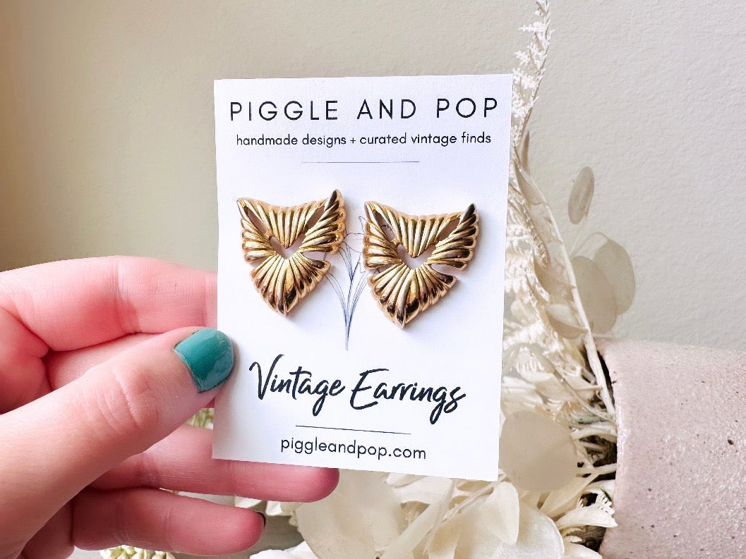 Gold Triangle Earrings, Vintage 1980's Stud Earrings with Cut Outs, Geometric Metal Earrings, Vintage Funky Large Pierced Post Gold Earrings