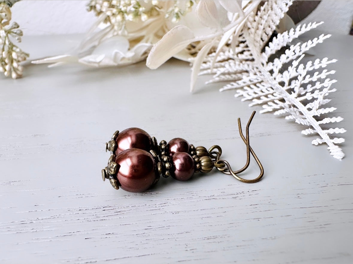 Chocolate Brown Pearl Earrings, Beaded Drop Earrings with Antique Bronze Floral Accents. Simple Vintage Inspired Handmade Earring Gifts