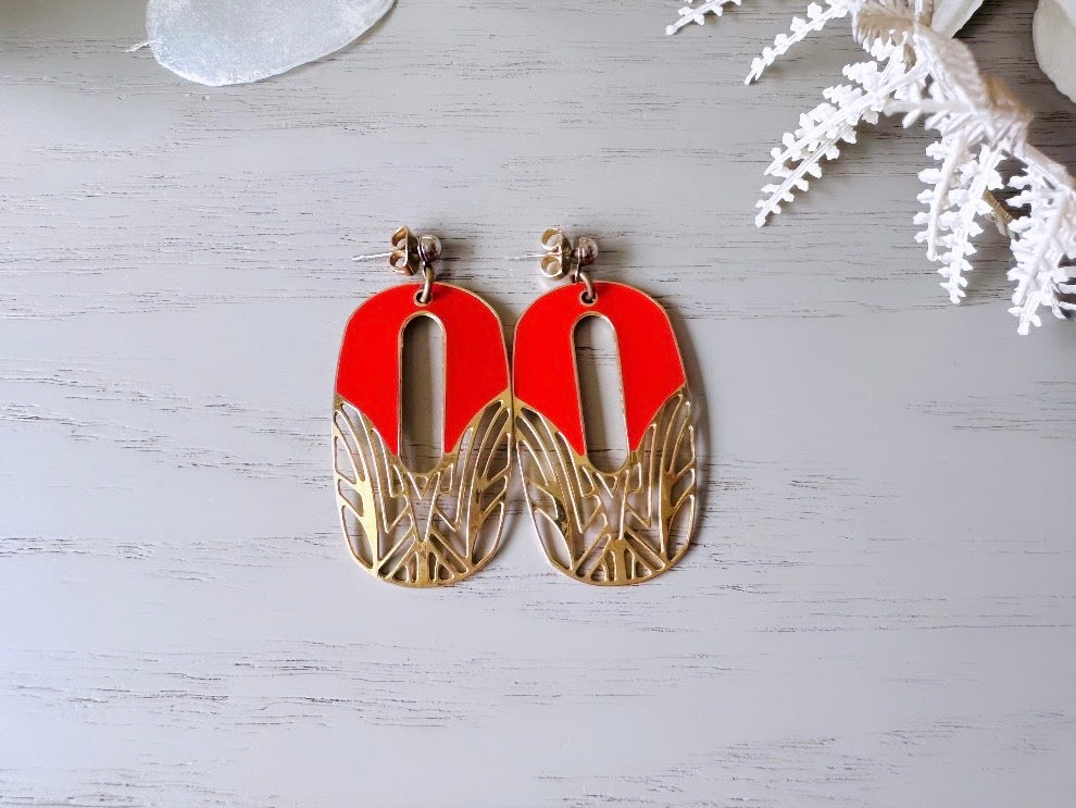 Red and Gold Vintage Berebi Earrings, Fun 1980s Edgar Berebi Collector's Earrings, Red Enamel Gold Lace Pierced Enamel Stud Earring Dangles