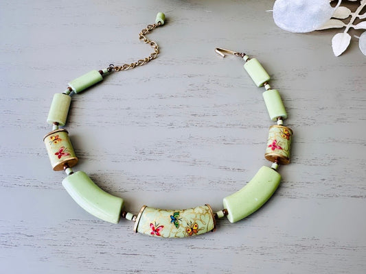 1950s Vintage Porcelain Necklace, Green with Gilded Gold Butterflies, 50s Japanese Colorful Spring Butterfly Hand Painted Ceramic Choker