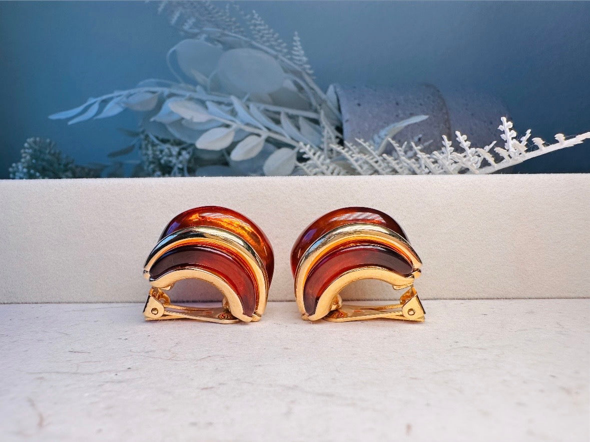 KJL Vintage Amber Lucite Double Ribbed Huggie Earrings