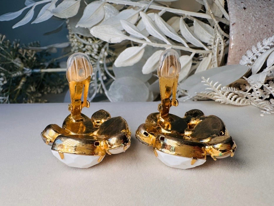 Vintage White Earrings, Pearl and Rhinestone Gold Clip On Cluster Earrings, 1960s Designer Vintage Kenneth Jay Lane Statement Earrings
