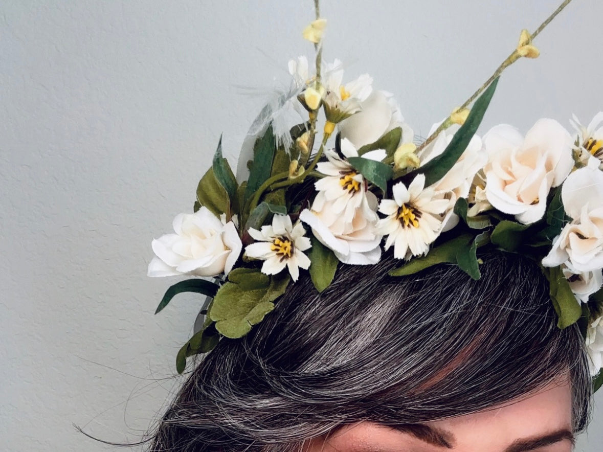 Ivory Flower Crown, Handmade Woodland Nymph Bridal Floral Hair Wreath, Cream Forest Queen Headpiece