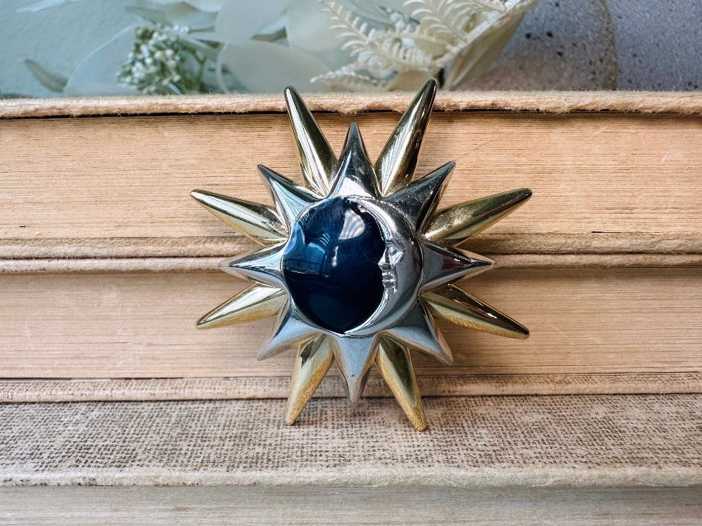 Vintage Liz Claiborne Star and Moon Pin, LCI Celestial Brooch in Gold and Silver with Midnight Blue Enamel