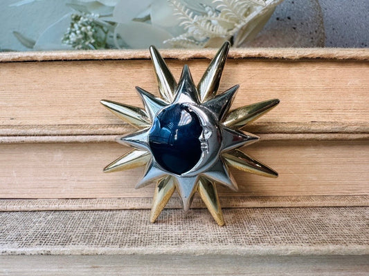 Vintage Liz Claiborne Star and Moon Pin, LCI Celestial Brooch in Gold and Silver with Midnight Blue Enamel