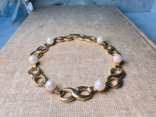 Vintage Gold Pearl Bracelet, Marvella Infinity Link Pearl & Gold Bracelet, VTG 7.5" Bracelet, Classic Gold Chain Designer Vintage Bracelet