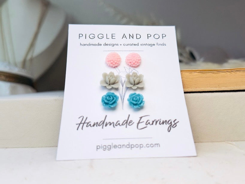 Flower Post Earrings Set in Pink Grey and Teal, Hypoallergenic for Sensitive Ears