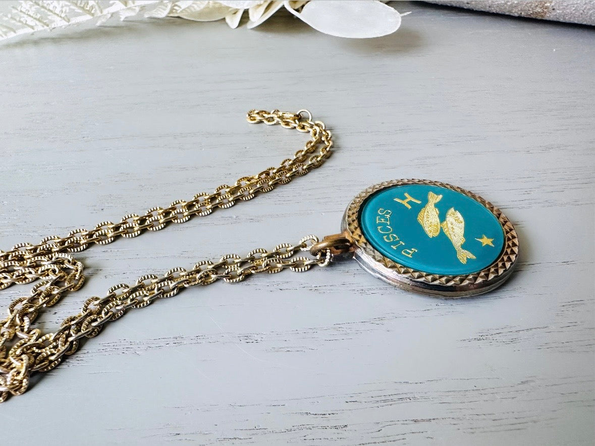 Vintage Pisces Zodiac Necklace, Star Sign Astrology Necklace, Unique Birthday Gift, Long Gold Pendant Double Sided Aqua & 1776 Coin Pendant