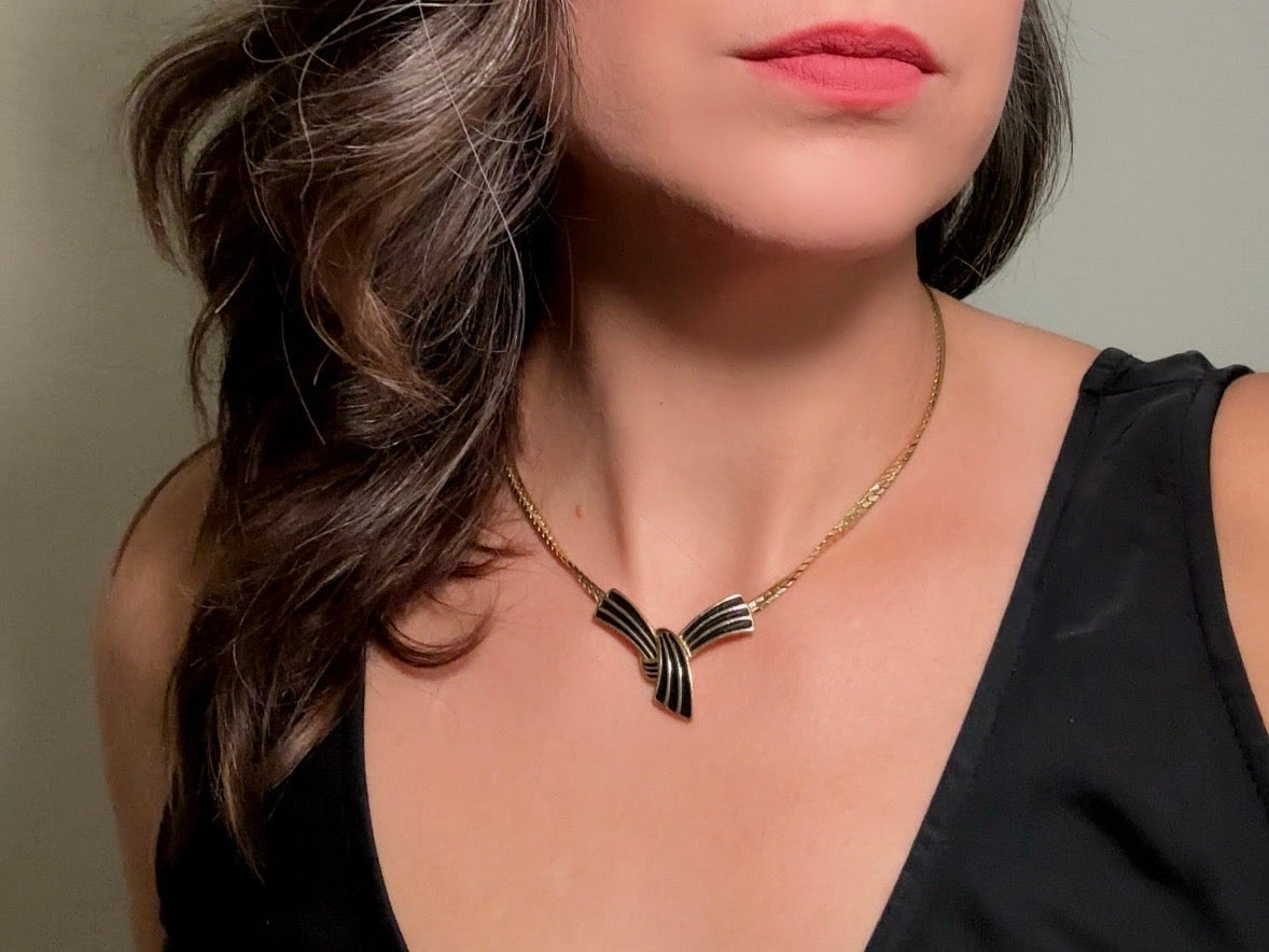 Vintage Trifari Bow Necklace, Black and Gold Ribbon Pendant Necklace on Gold Herringbone Chain