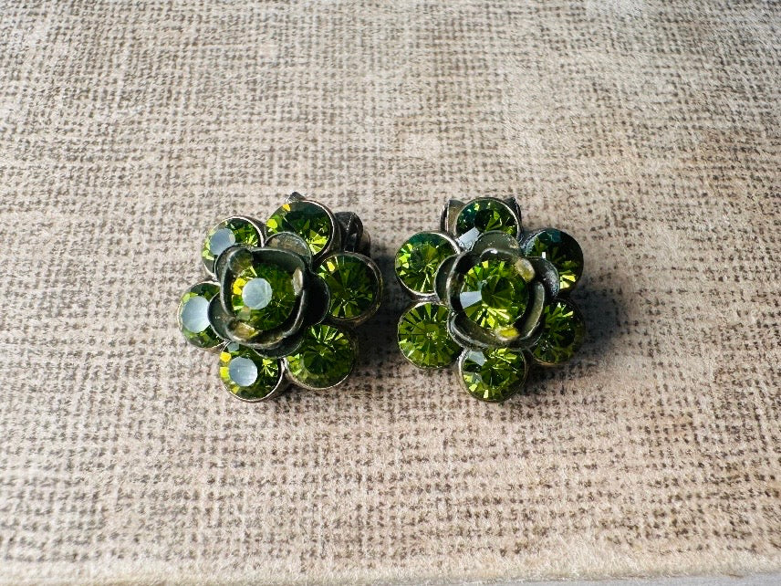 Green Rhinestone Flower Earrings, Small Vintage 1960s Olive Green Crystal Clip On Earrings