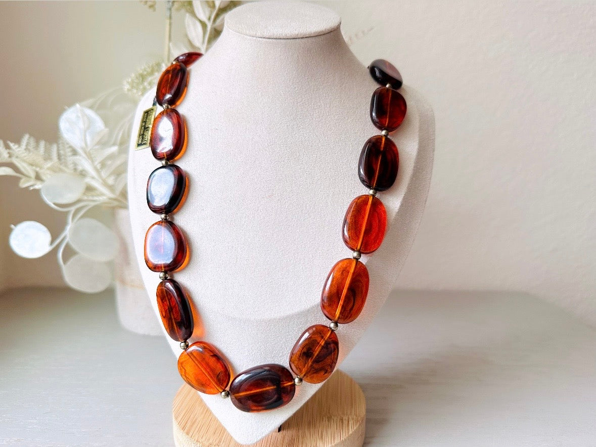 Amber Lucite Necklace, Gorgeous Deadstock Vintage 1970s Necklace, Glowing Tortoiseshell Beaded Necklace, Long Chunky Beaded Vintage Jewelry