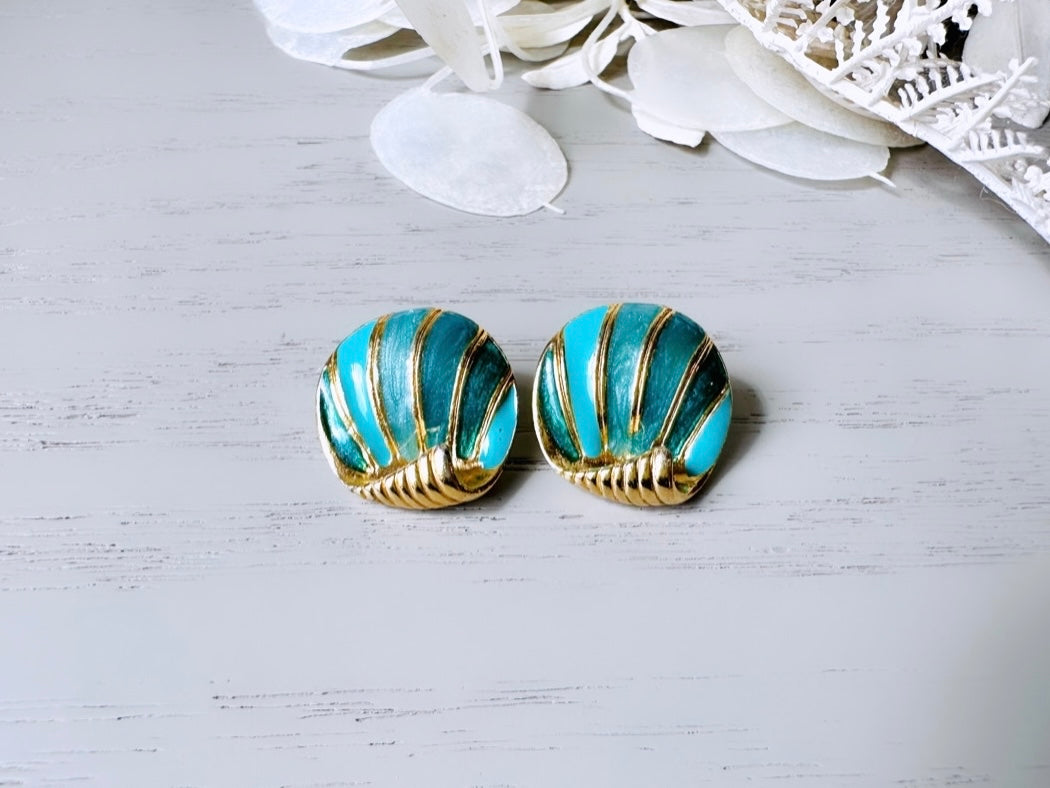 Vintage Shell Earrings, Mermaid Teal Blue Enamel Shell Pierced Earrings, Gold Beach Vintage Earrings, Pierced Vintage Seashell Earring Studs