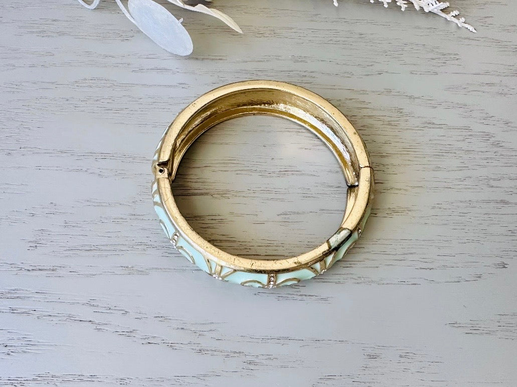 Mint Green Vintage Cuff, Gold Scroll Enamel with Diamond Rhinestone Accents, Hinged Cuff Bracelet, Classic Bracelet with Mint Green Enamel